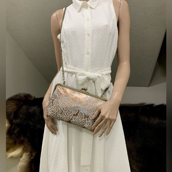 Handmade Genuine Cowhide Floral Embossed Kisslock Clutch/Shoulder Bag/Crossbody - Picture 8 of 16